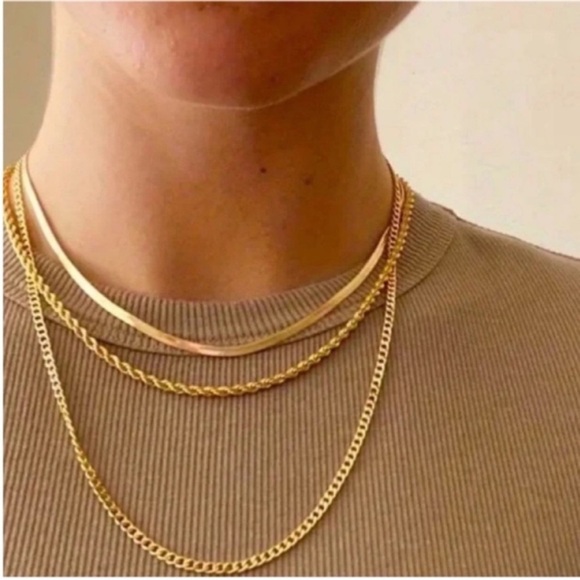 Anthropologie Jewelry - New! Gold Necklace Herringbone Chain Stack Set (1010) NWOT
